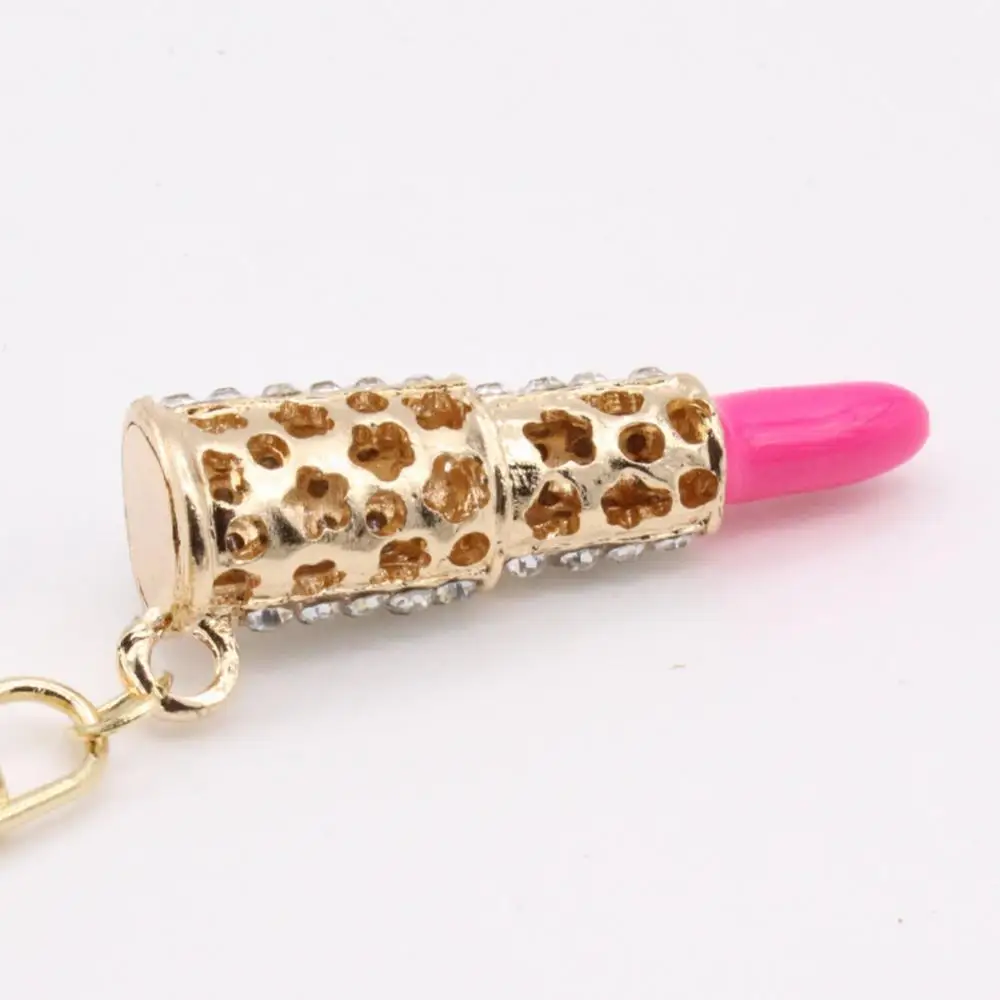 

Keyring Pendant Keychain Lipstick Shape Shiny Charm White Red Rose Pink Rhinestone Crystal Chain Decoration Jewelry Accessories