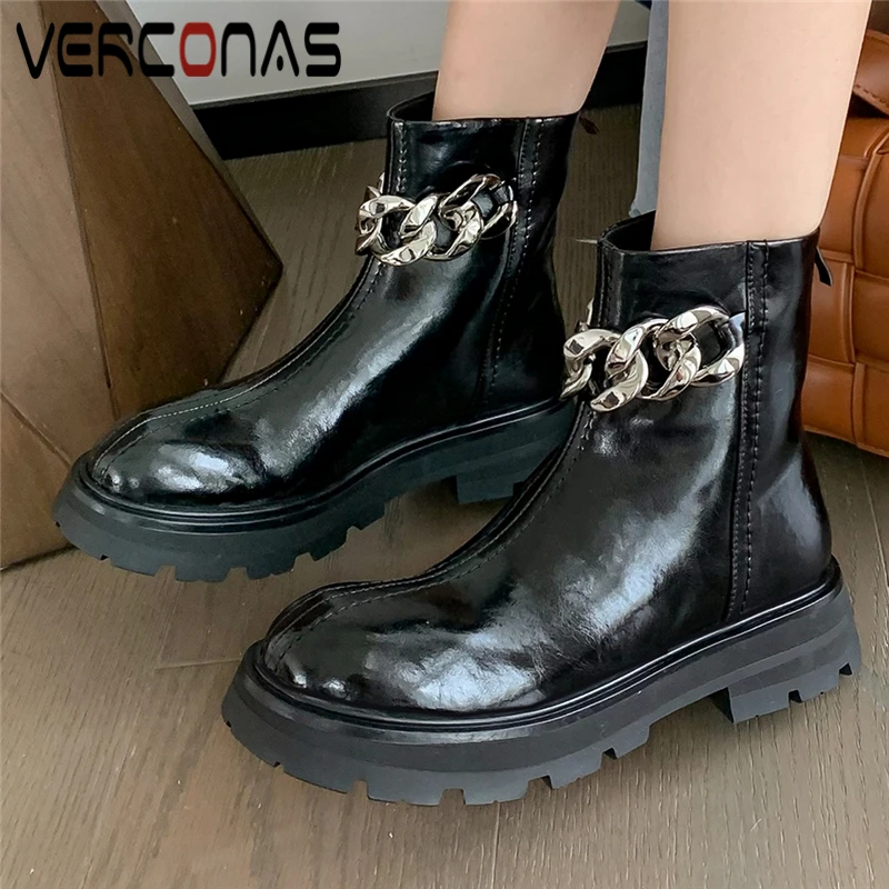 

Женские ботинки на толстом каблуке VERCONAS, черные ботильоны из натуральной кожи, с металлической цепочкой, на осень-зиму