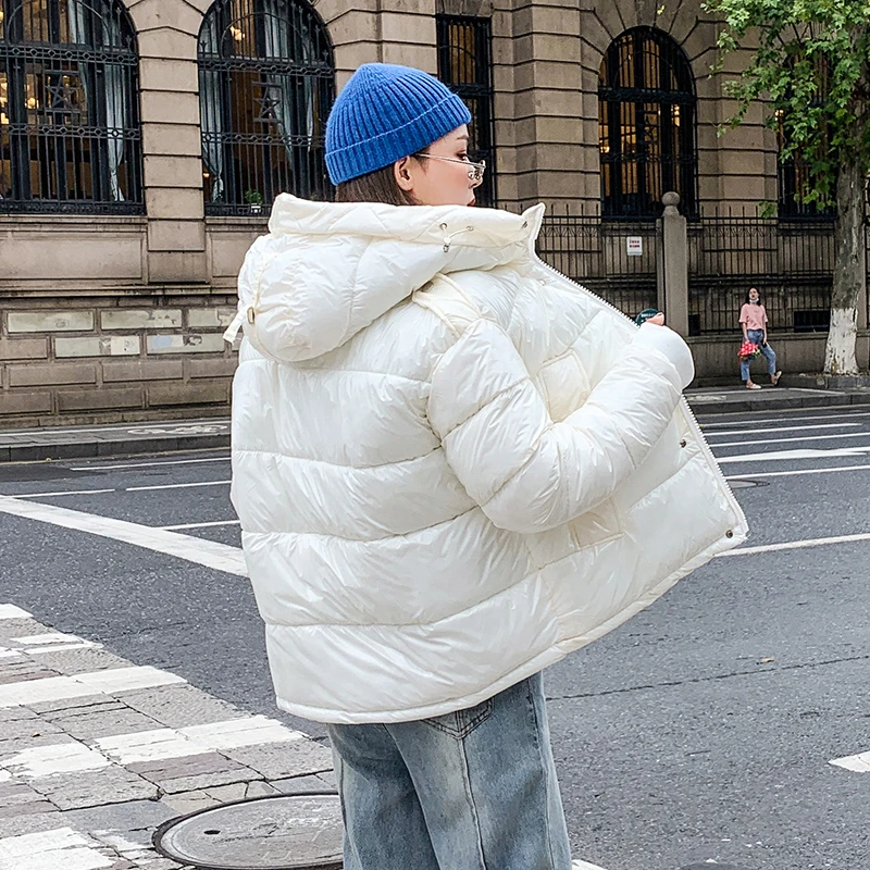 

Женское холодное пальто, Короткая Стильная однотонная женская зимняя куртка с капюшоном, блестящая Свободная Повседневная Женская парка о...