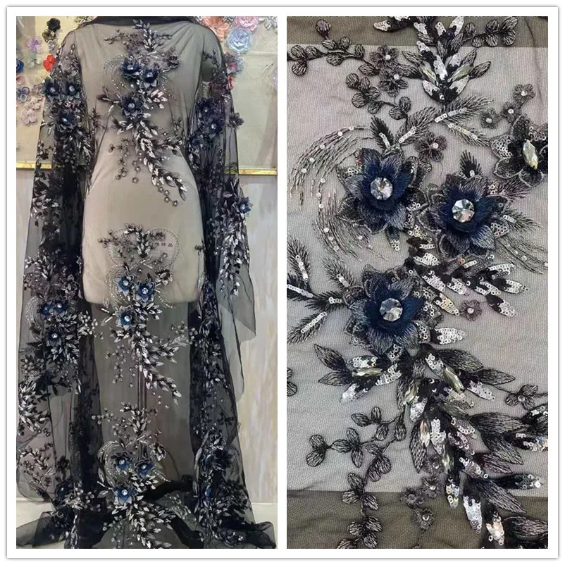 

Темно-синий тюль с 3D вышивкой французская Сетка кружево/африканская нигерийская ткань вышивка кружева для шитья вечернего платья/свадебно...