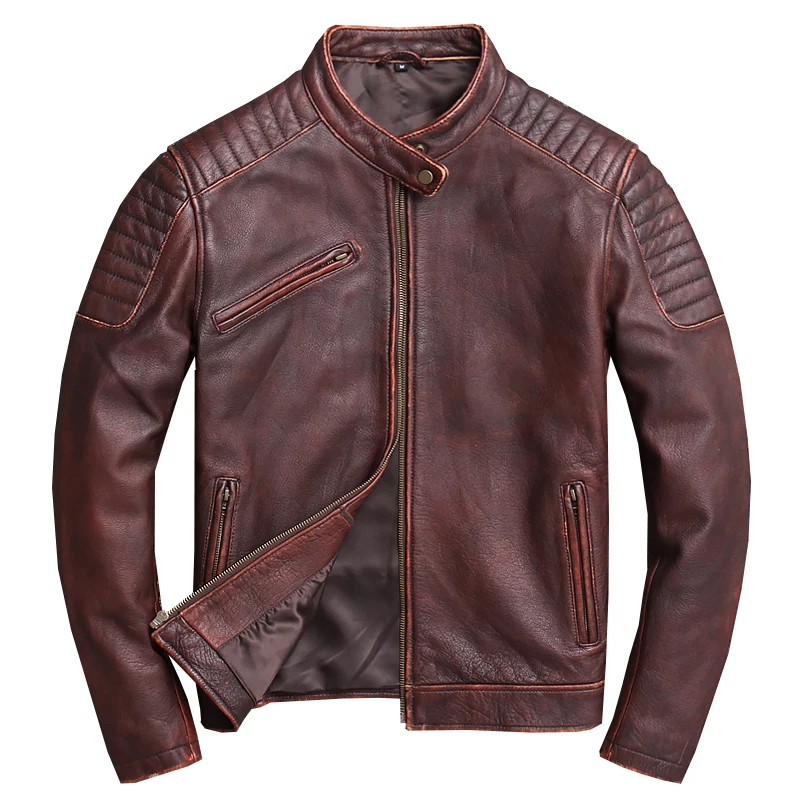 

2020 Vintage Brown Men Stand Collar Motorcycle Leather Jacket Plus Size 3XL Genuine Cowhide Slim Fit Biker's Coat FREE SHIPPING