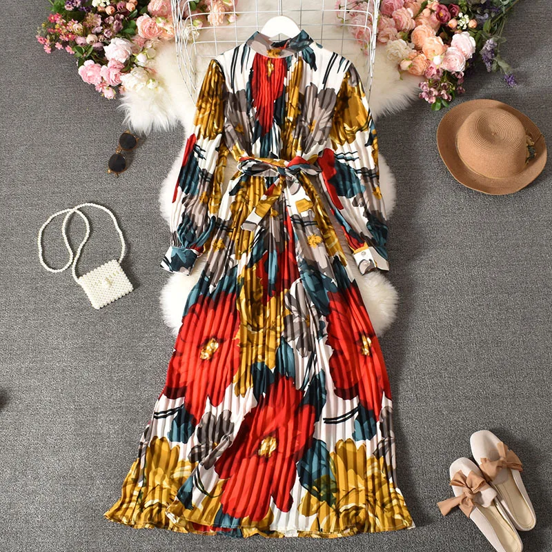 

Leaf Print Women's Dress Autumn Vintage Sashes Party Dresses for Women 2021 A-Line Long Sleeve Stand Pleated French Dress Woman