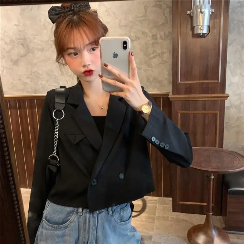 

Women Long Sleeve Double-breasted Elegant Crop Top Solid Color Summer Thin Womens Outwear Korean Style Loose All-match
