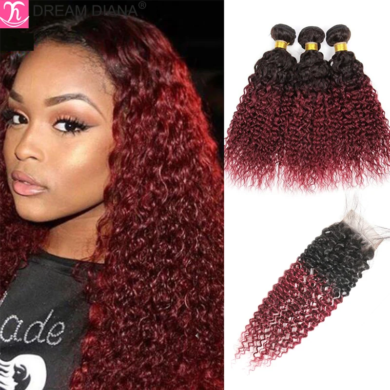 

DreamDiana 100% Brazilian Hair Weave Bundles With Closure Ombre Kinky Curly Bundles With Closure Tissage Bresiliens Avec Closure