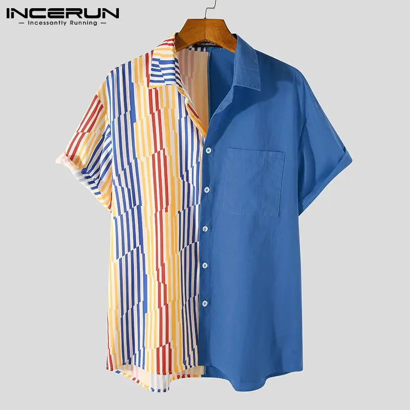 

Men Shirt Striped Patchwork Lapel Breathable Short Sleeve 2021 Casual Camisas Streetwear Summer Hawaiian Shirts INCERUN S-5XL