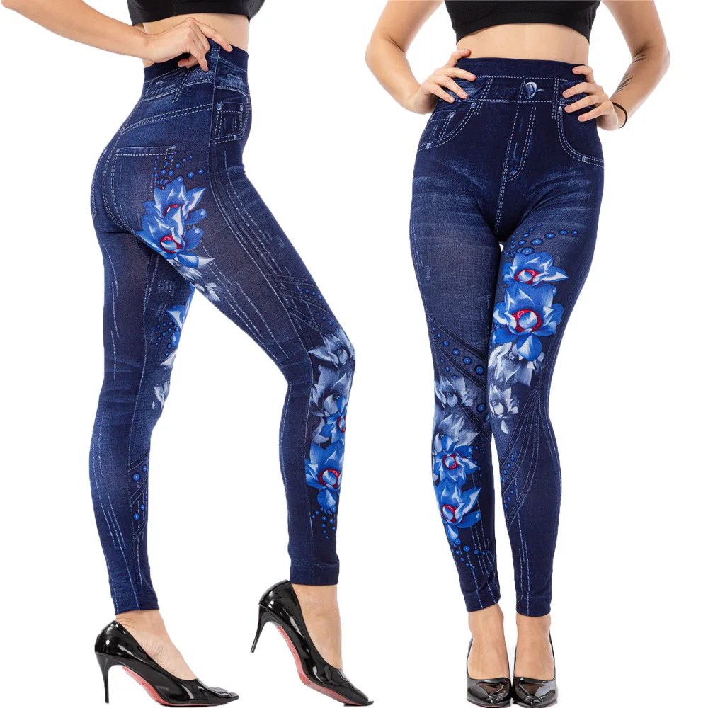 

Модные синие джинсы с имитацией цветов, женские осенние и летние облегающие длинные леггинсы, супер 9/10 Стрейчевые штаны для привлекательно...