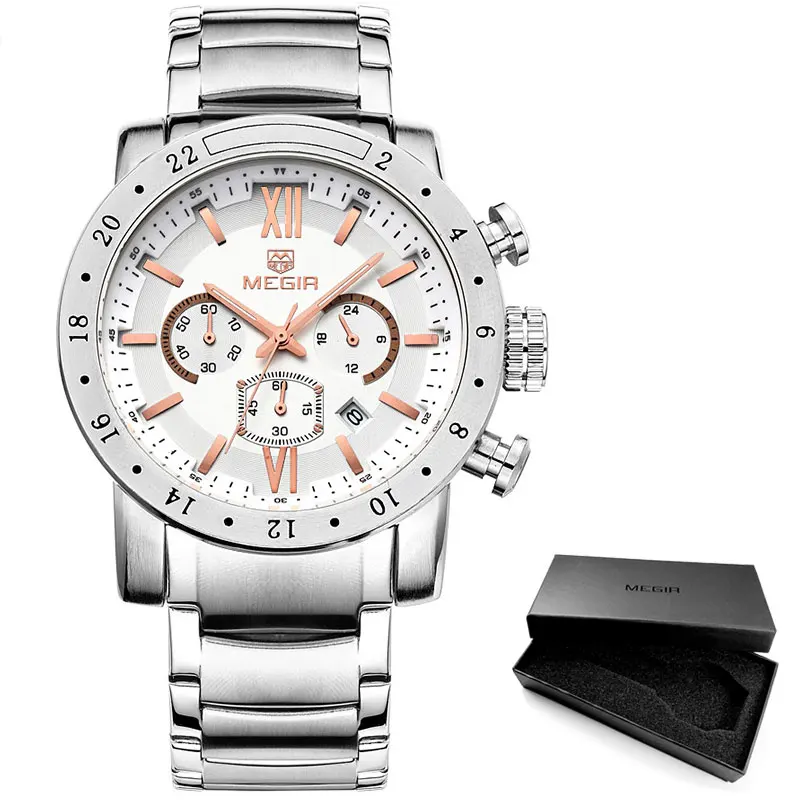 MS3008G-Silver rose Megir модные кварцевые часы для мужчин водонепроницаемые светящиеся наручные часы Мужские часы с большим циферблатом 3008 - Цвет: MS3008G-Silver rose