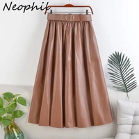 neophil 2021 winter women pu faux leather long skirts fashion vintage sashes a line high waist flare belt skirt longa saia s92n6