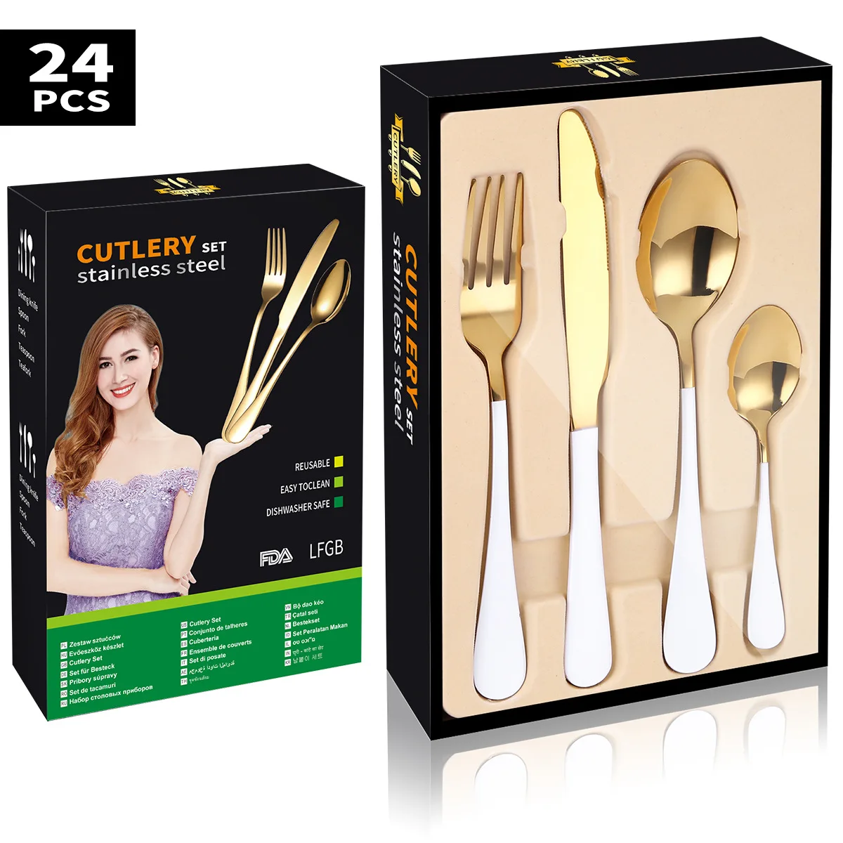 

24 Piece Dinnerware Set Stainless Steel Tableware Set Knife Fork Spoon Set Table Cutlery Gold Flatware Set Zero Waste Gift