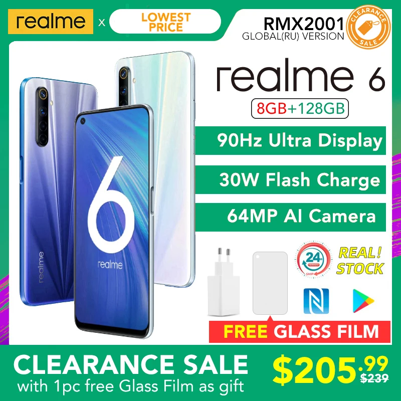 Realme 6 глобальная Версия 8 ГБ 128 мобильный телефон на процессоре Helio G90T 30 Вт
