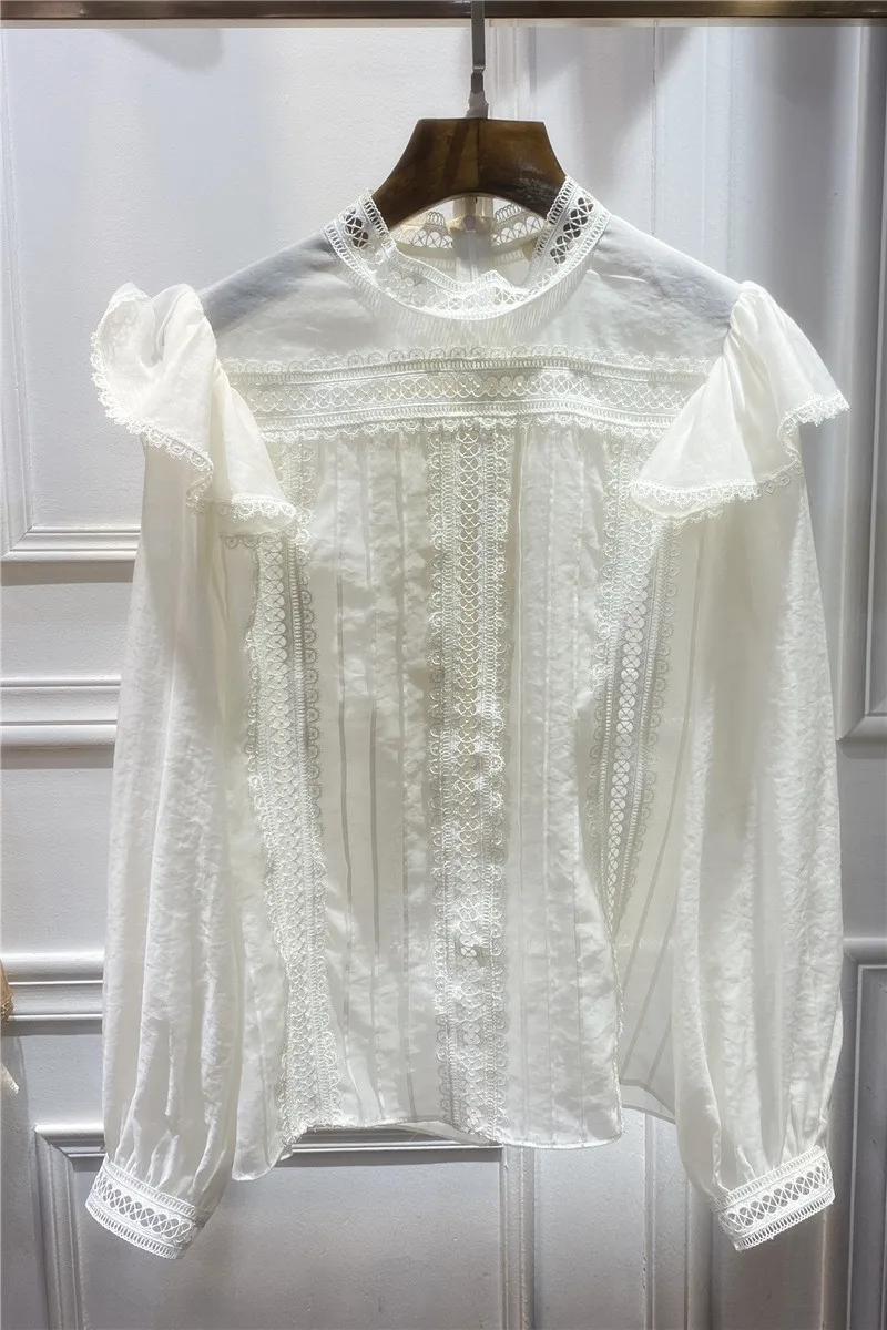 

women's cotton shirt 2021 socialite silk cotton shirt heavy embroidery hollow-out temperament two-piece blouse