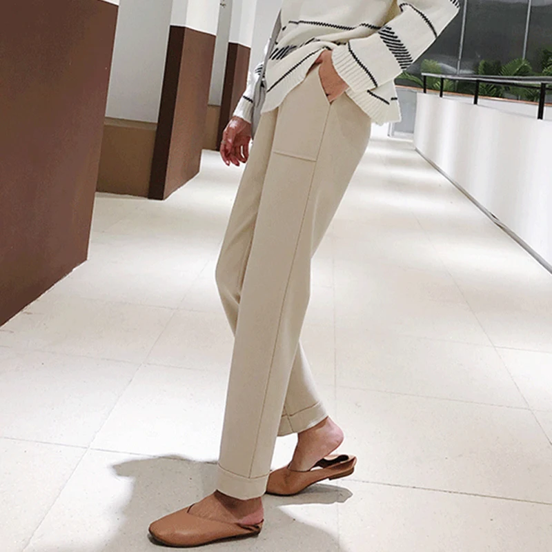 BGTEEVER Autumn Winter Thicken Pants Women Elastic Waist Pockets Woolen Female Pencil Pant Elegant Warm Trousers femme - Color: apricot