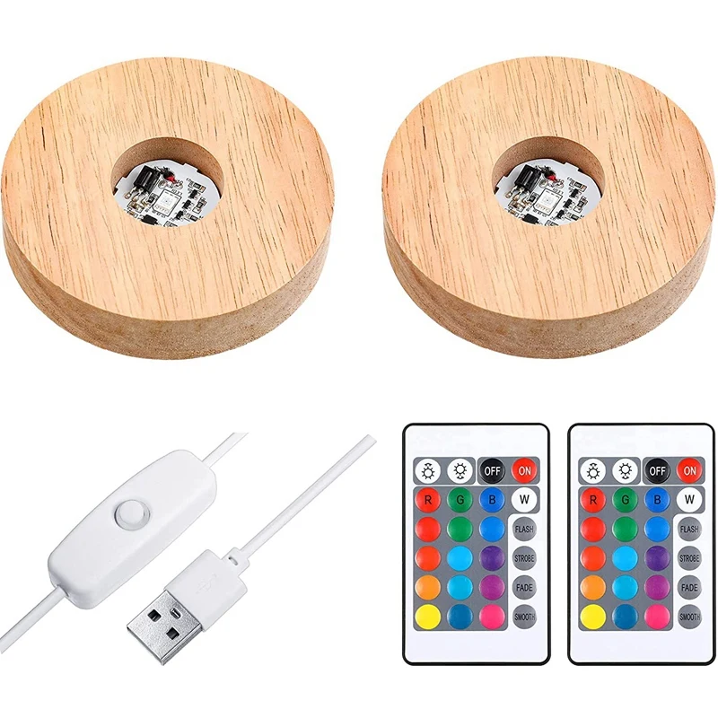 

2 Pcs LED Lights Display Base Colored Round Wooden Lighted Base Stand With Remote Control For Crystal Glass Resin Art