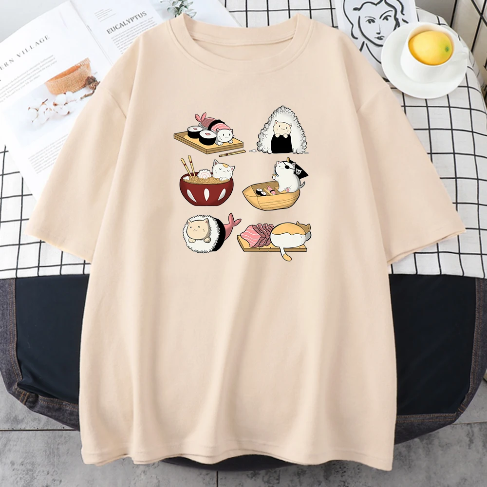 Cute Cartoons Sushi Cat T Shirts Girls 2021 Summer Soft Casual T-Shirt Korean Style New Base Tees Ins Fashion Women's Tshirts | Женская