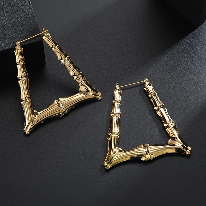 

Bamboo Joint Geometry Earrings For Women 18K Gold Plated Copper Big Trapezoid Hanging Earrings Trendy Female Ear Hoop Jewelry