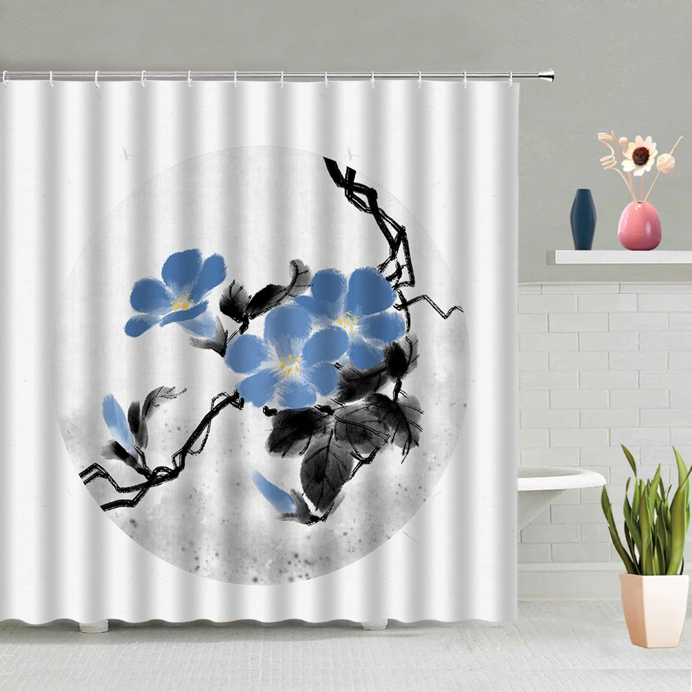 

Chinese Style Ink Painting Flower Illustration Background Shower Curtain Bathroom Waterproof Mildew Proof Polyester With Hook