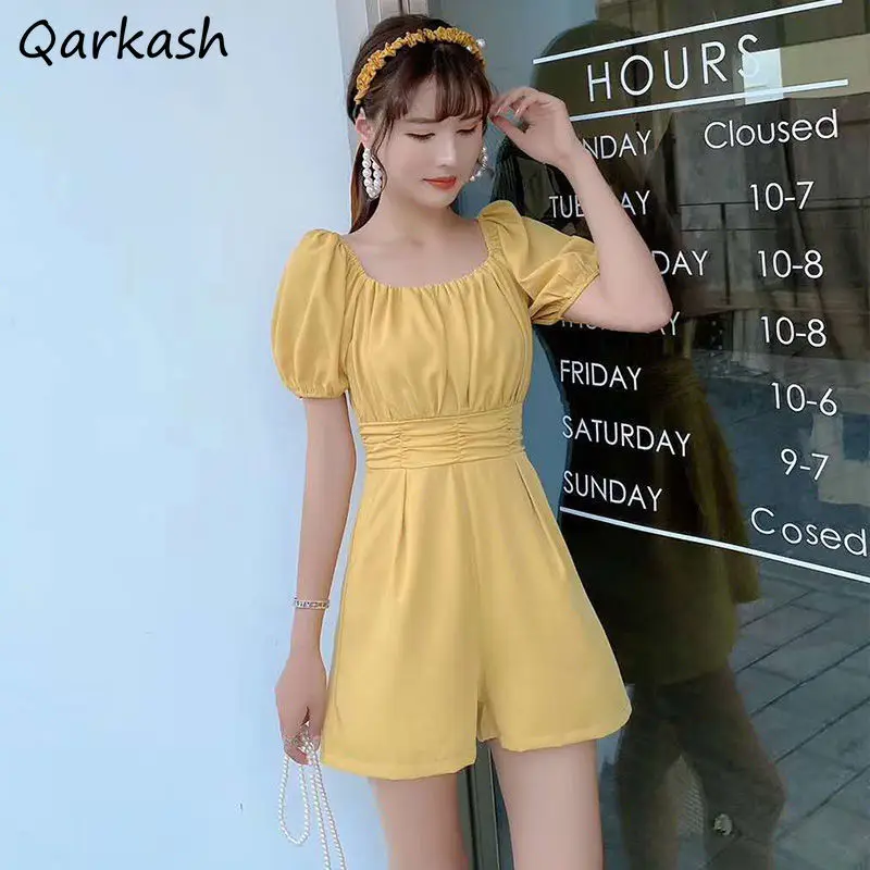 

Playsuits Women Abdomen Student Elastic Waist Solid Color Elegant All-match Folds Ladies Popular Thin Summer Retro Street Casual