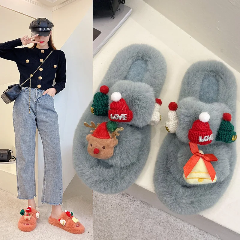 Fall Winter 42 Plus Size Spot Christmas Fur Slippers Female Indoor and Outdoor Flat-bottomed Warm One-word  Slippers Women