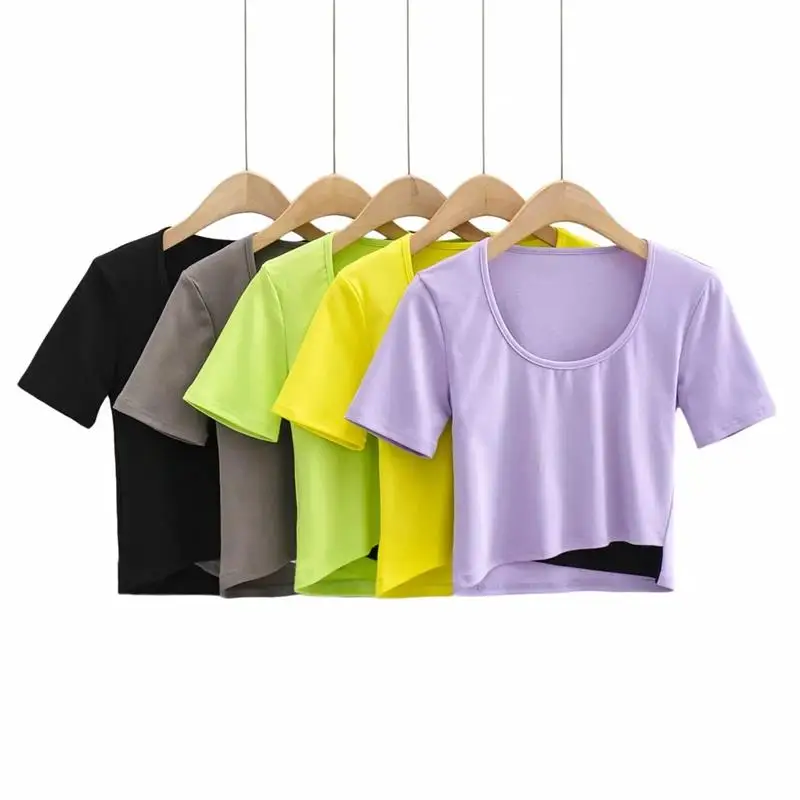 

Women's stacking contrast color short-sleeved 2021 women's spring and summer new basic short T-shirt trendy fashion pullover
