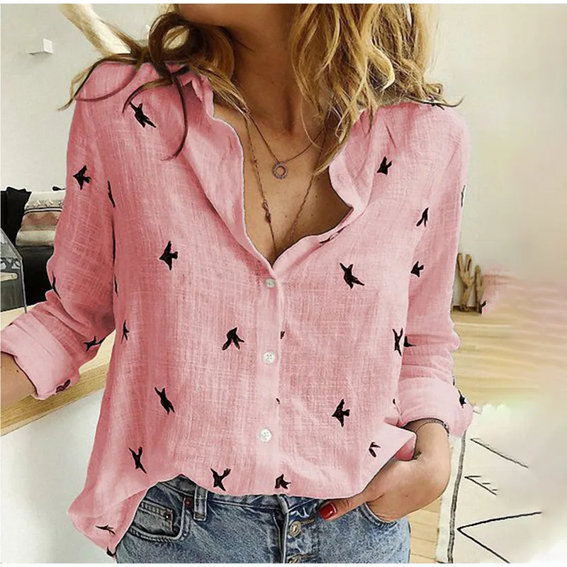 

Spring Summer Hot Sale Ladies Large Size Lapel Office Shirt Loose Casual Solid Color Button Animal Print Long-sleeve Linen Shirt