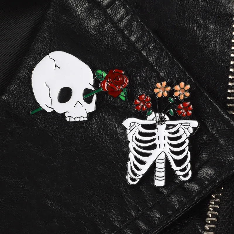 

Skull Skeleton Rose Brooch Bag Clothes Backpack Lapel Enamel Pin Badges Cartoon Jewelry Gifts For Friends Women Accessories