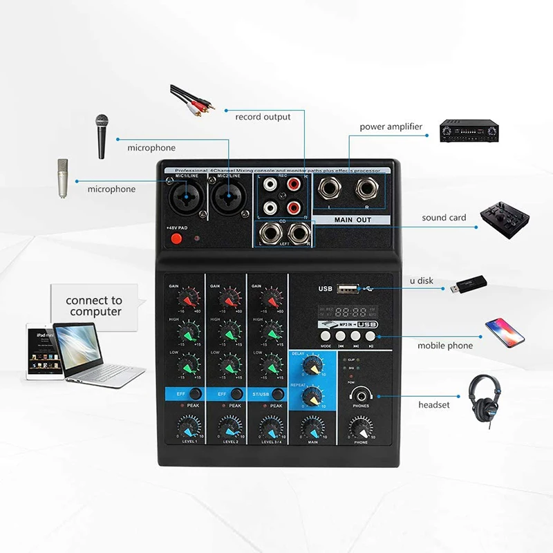 Профессиональный 4-канальный Bluetooth аудио микшер звуковой миксер интерфейс USB