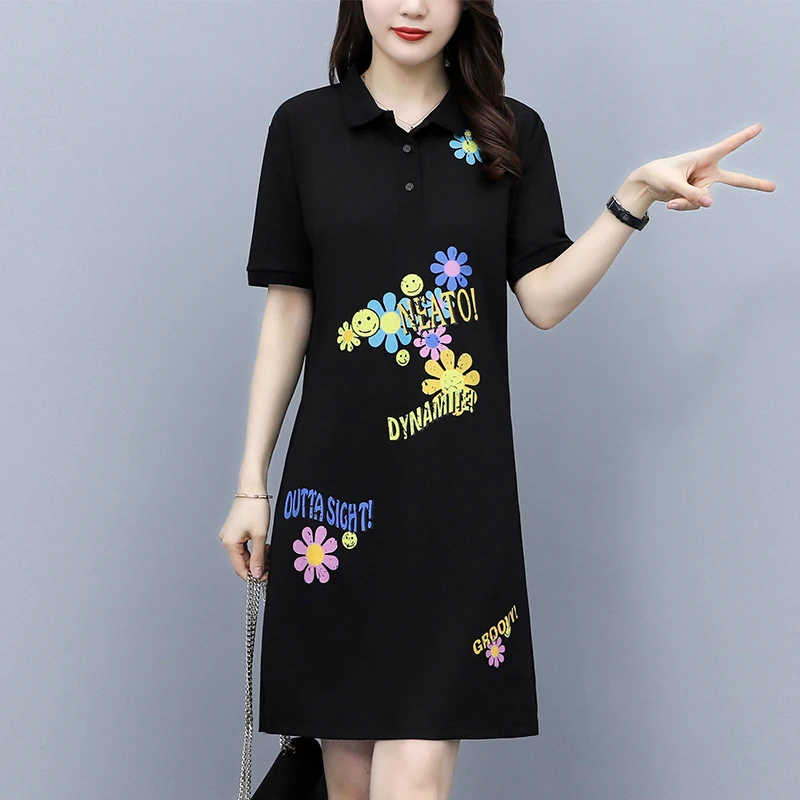 

POLO collar mid-length printed dress M-4XL 2021 summer new casual over-the-knee women's short-sleeved pullover dress