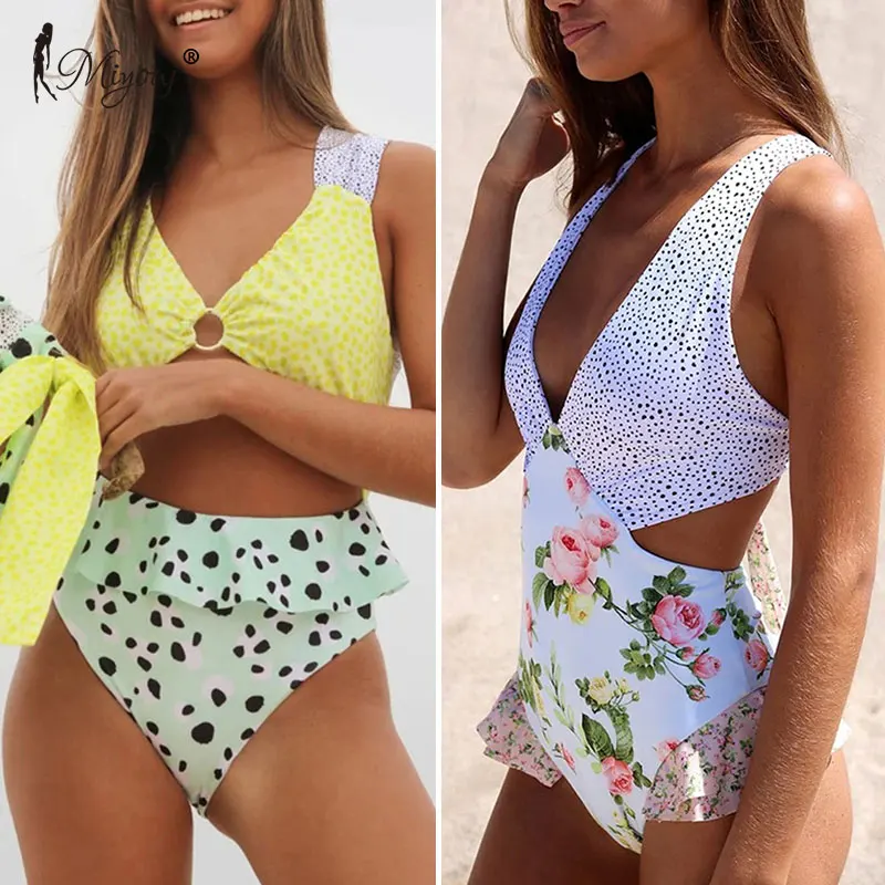 

2021 Flower Print Swimsuit Deep V Neck One-Piece Suits Patchwork Swimwear Women 2021 Halter Beachwear Sexy Bodysuit Bandage