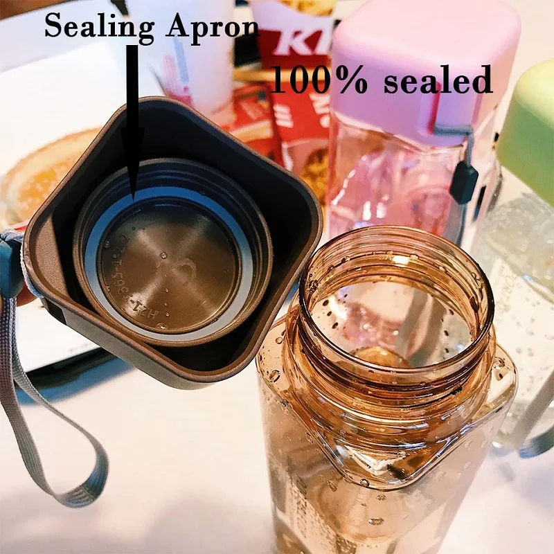 

Portable Square Plastic Water Bottle Transparent Juice Milk Tea Cups Creative Outdoor Sport Travel Camping Leak-proof Bottle