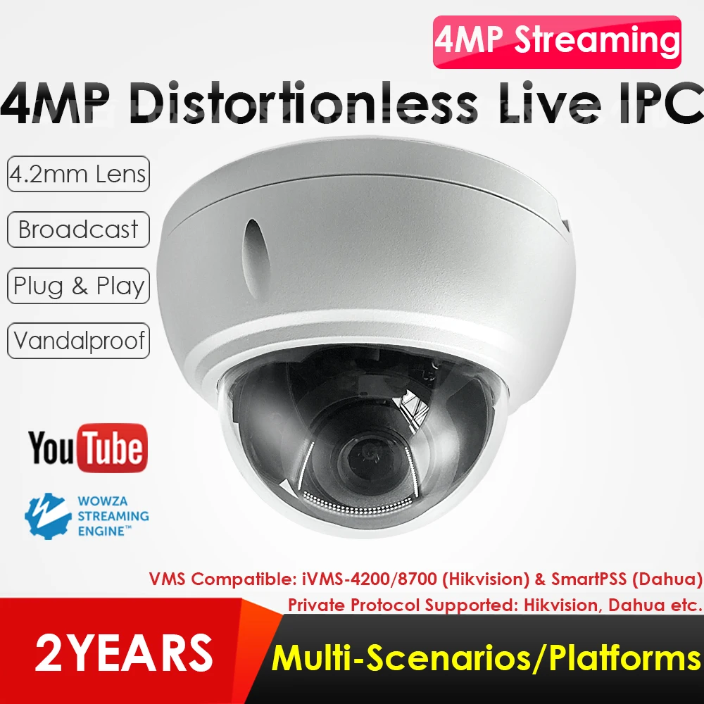 

4.0MP Vandalproof IK10 Dome Live Streaming 4.2mm HD Nondistortional IP Camera Push Video Stream to Youtube/Wowza by RTMP