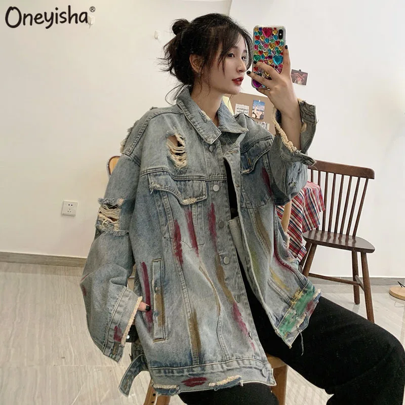 

Демисезонные джинсовые куртки для женщин, женская верхняя одежда с длинным рукавом и дырками, джинсовое пальто для женщин, новинка 2021, куртк...