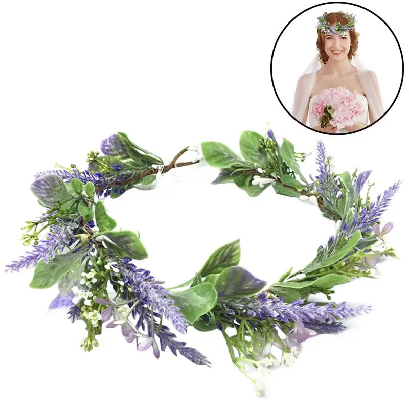 Bridal Flower Crown Artificial Lavender Hair Wreath Floral Headpiece For Beach |
