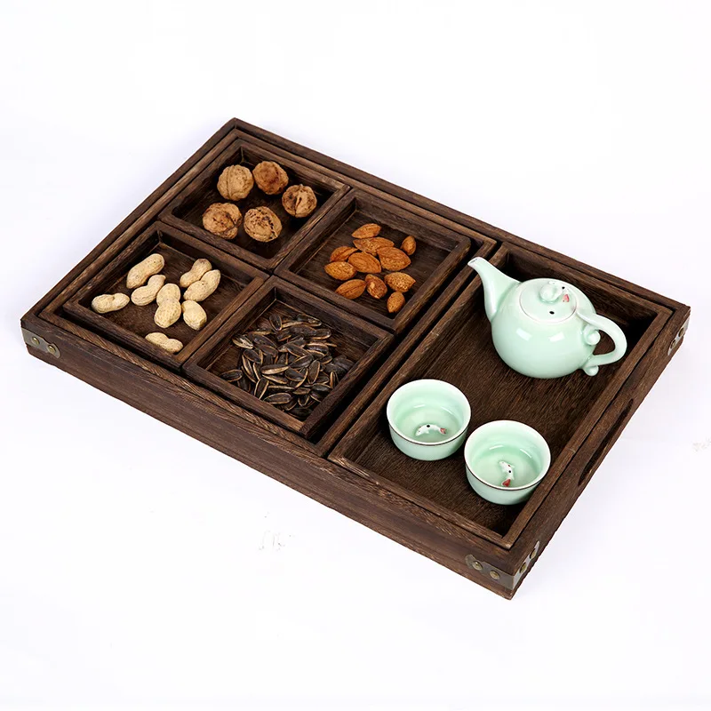 

New Burnt Color Vintage Wooden Tea Tray Retro Paulownia Tea Set Hotel Fruit Dessert Tray Serving Tea Plate Set Wholesale