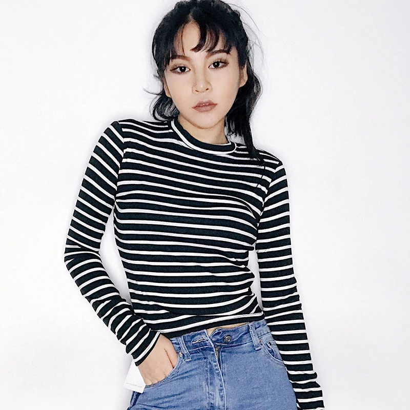 Новинка 2019 модная женская одежда облегающая полосатая футболка с длинными