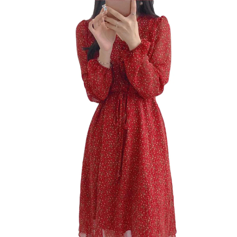 Шифоновое платье-трапеция с V-образным вырезом длинным рукавом и цветочным