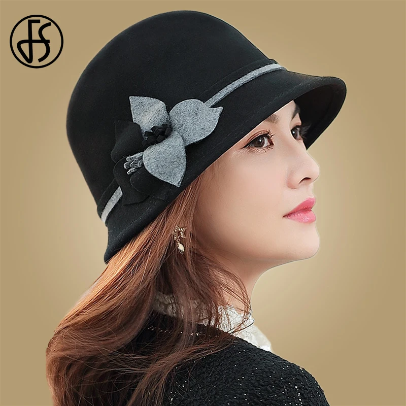 Женская винтажная шерстяная шляпка Колокол FS Шляпка из фетра с цветами для