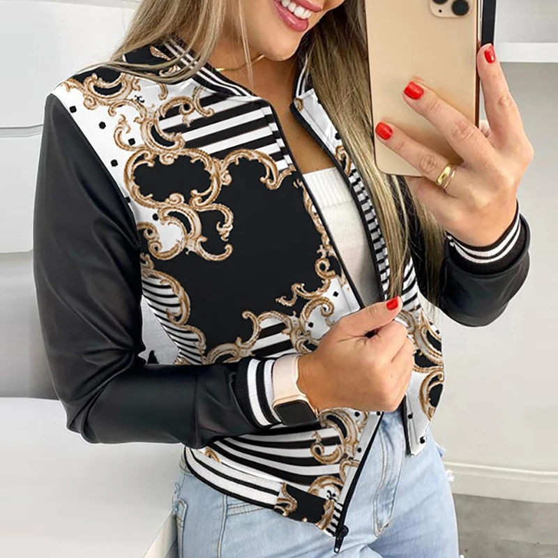 Женская бейсбольная куртка с леопардовым принтом круглым вырезом на молнии