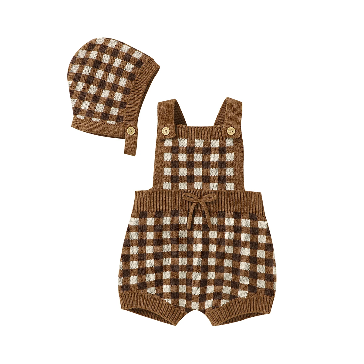 Baby Rompers Clothes Newborn Netural Sleeveless Plaid Pattern Jumpsuits Caps Outfits Infant Boys Girls Knitting Toddler Knitwear