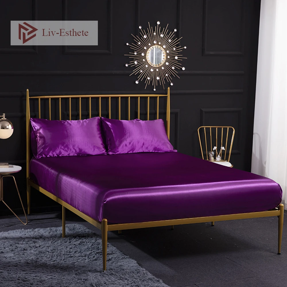 Liv-Esthete Роскошная атласная шелковая фиолетовая Женская простыня с эластичной лентой шелковистая наматрасник для королевской кровати