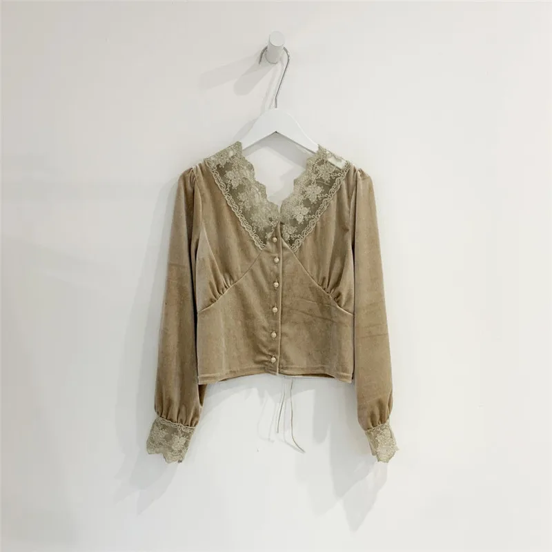 

Blouse Casual Women Autumn Korean Vintage Velvet V-neck Patchwork Lace Blouse Shirt Backless Sexy Pullovers Shirt 2020