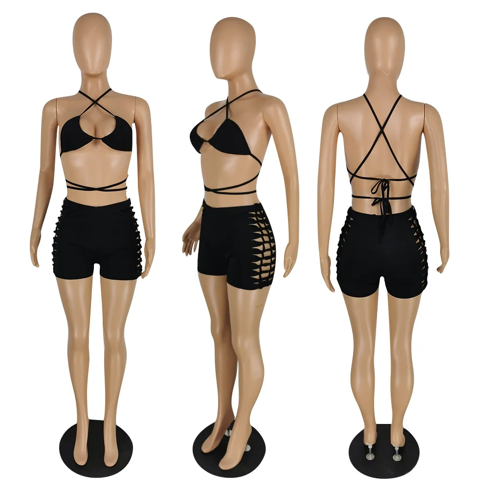 

Sexy Women Swimsuit Bikini Bra + Short Pants Two Piece Set Solid Color Bandage Summer Beach Clothes Outfit