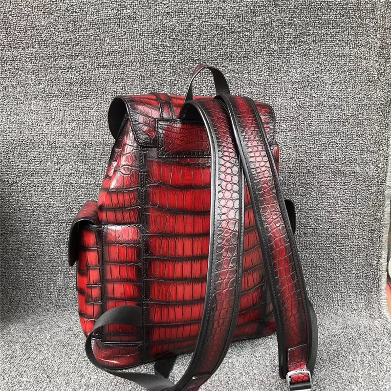 Подлинный мужской красный рюкзак из натуральной крокодиловой кожи на завязках
