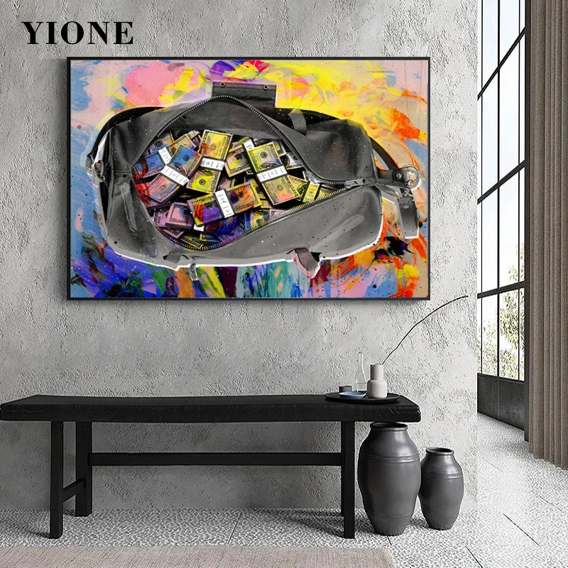 

Colorful Graffiti Money with Grey Handbag Oil Painting Abstract Art Poster Prints Canvas Picture for Living Office Wall Decor