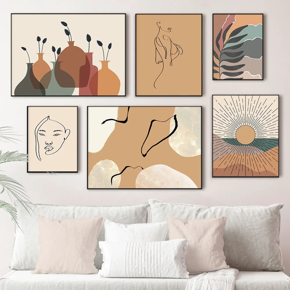 Абстрактный постер среднего века в стиле бохо Картина на холсте солнце и лист