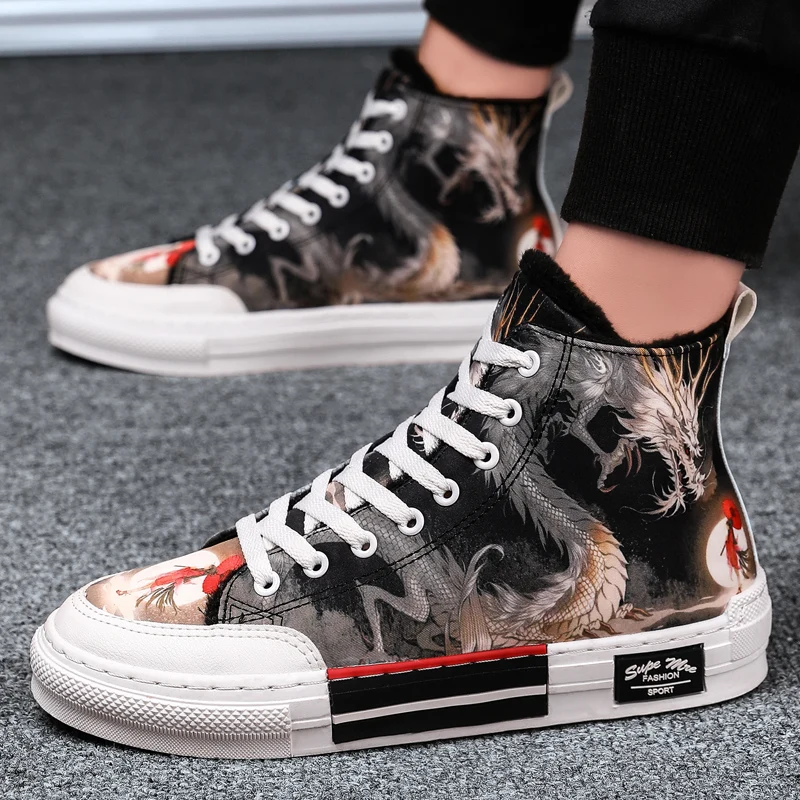 

CYYTL Mens Sneakers Dragon Printed Shoes High Top Canvas Youth Flats Casual Warm Winter Animals Zapatos Casuales De Mujer