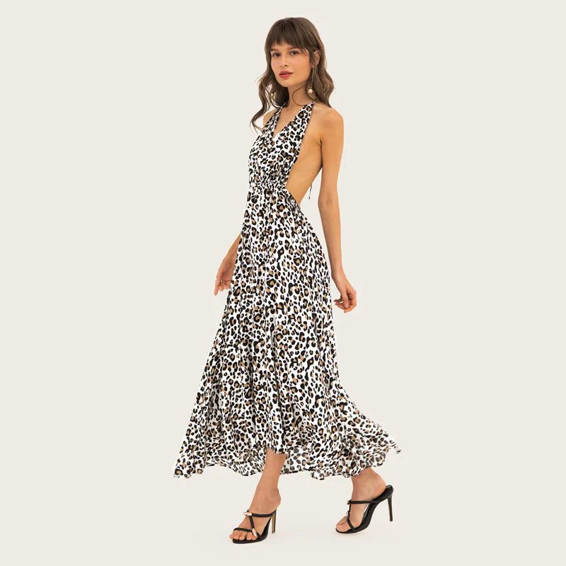 Платье женское леопардовое на бретельках с высокой талией и лямкой шее|Женские