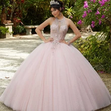 Vestido De quinceañera rosa claro, vestido De fiesta De princesa con cuentas De encaje, Espalda descubierta, 16 Años, 2021