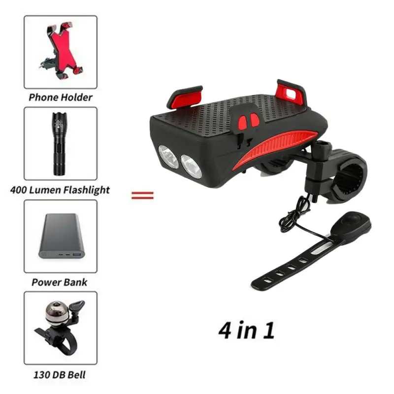 

4 In 1 Bicycle Light Mobile Phone Bracket LED Headlight Bike Horn Bell USB Charging Power Bank Multifunctional Accessories