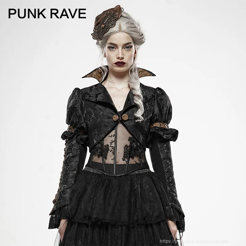 PUNK RAVE Women's Steampunk Desperate Crisis Turn-down Collar Short Coat Gothic Three-dimensional Jacquard Party Jackets Women | Женская