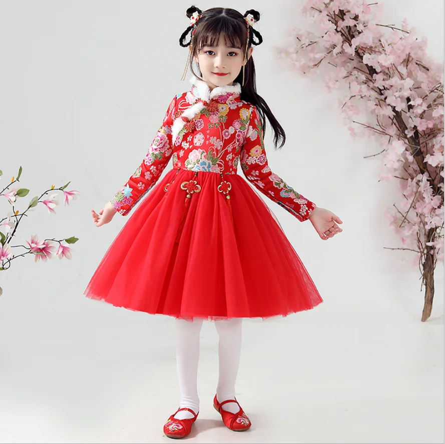 

Girls Chinese Dress Princess Skirt Red Style Autumn And Winter Thickening Improved Cheongsam Tang Suit